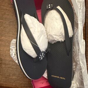 Tory Burch Black Sandals with Lace Embellishments